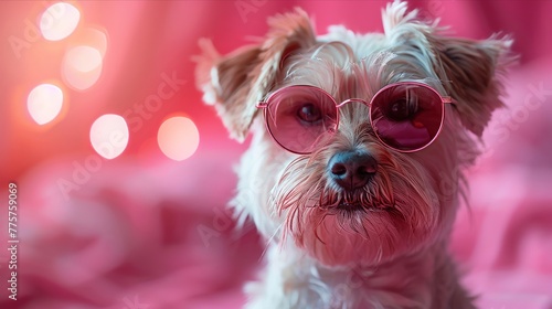 Adorable dog with stylish sunglasses on pink background © nur