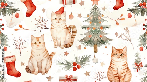 Hand drawn watercolor illustration pattern with Christmas trees, socks and cats