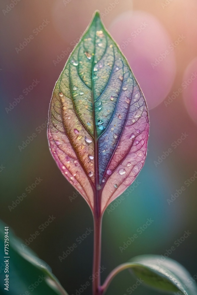 A leaf with a rainbow of colors and water droplets on it A leaf with a rainbow of colors and water droplets on it