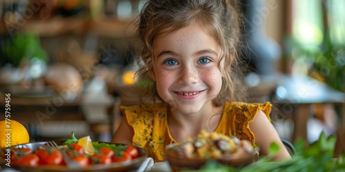 A cute toddler girl joyfully enjoys a healthy salad for lunch, radiating happiness.