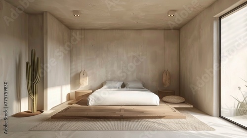 Minimalist bedroom embracing a desert theme  complete with a wooden platform bed  cactus sculpture  and woven light fixtures.