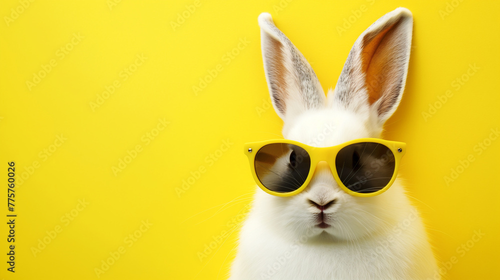 Cute realistic rabbit with summer sunglasses on yellow background with copyspace