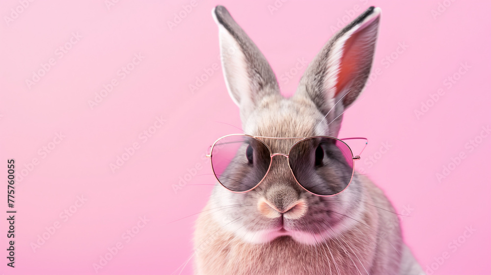 Cute realistic rabbit with summer sunglasses on pink background with copyspace