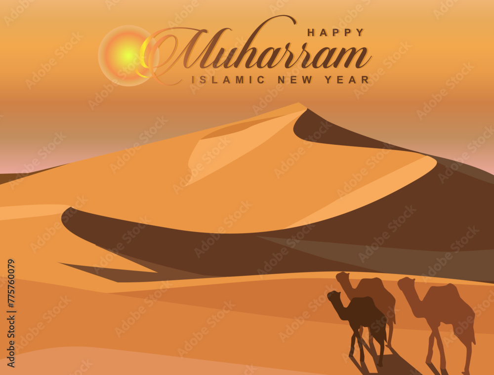 vector camels driver moslem silhouette mosque celebrate happy muharram gold orange arabian desert sun background ornament luxury