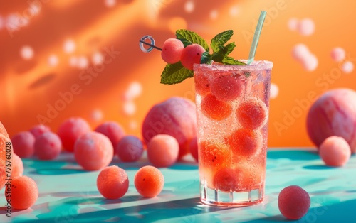 Icy cocktail with watermelon and frozen berries, garnished with fresh mint