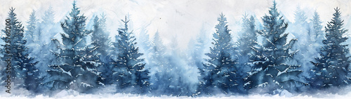 Panoramic watercolor landscape of a snow covered forest in winter. Generative AI illustration. © JoseLuis