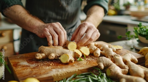 An intimate kitchen scene, someone preparing a ginger root digestion aid, with the focus on the texture and color of ginger photo