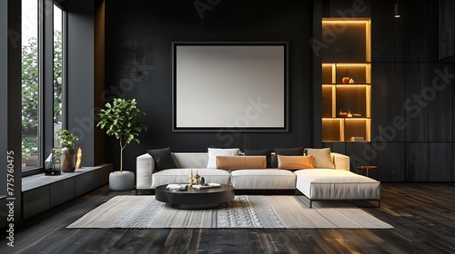 Modern contemporary and cozy living room with sunken space interior design sofa ,coffee table cabinet and blank frame on black loft wall