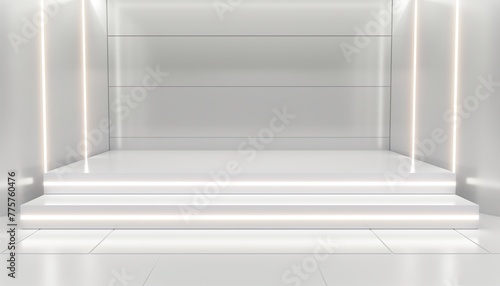 3D render white podium with white neon lights