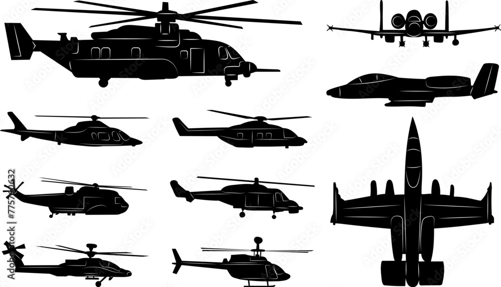 silhouette combat helicopters and airplanes set, on a white background vector