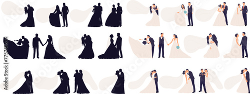 set of wedding bride in a dress and groom in different poses, on a white background vector