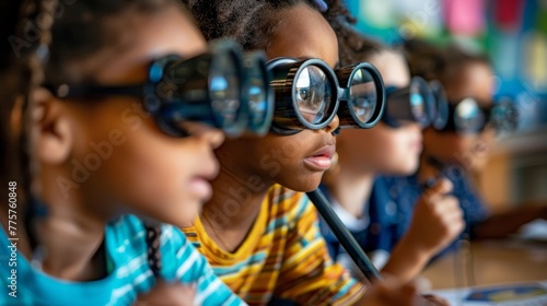 Bright-eyed students with magnifying glasses embark on a tech adventure in a kindergarten classroom filled with robotics