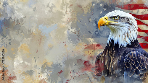 A bald eagle and an American flag in the background