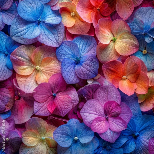 Overhead shot capturing the intricate beauty of colorful hydrangeas, their petals a vivid dance of nature's art