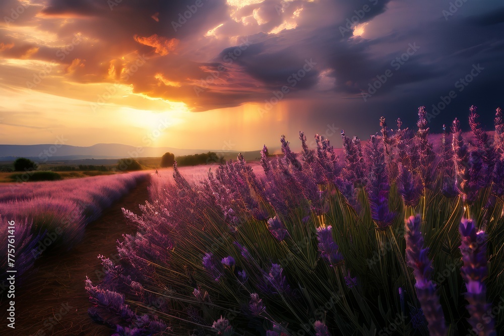 Fototapeta premium Lavender field sunset and lines