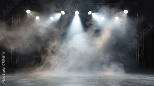 Empty Stage with Dramatic Lighting and Fog, Awaiting Performance. Ideal for Event Announcements and Artistic Projects. AI