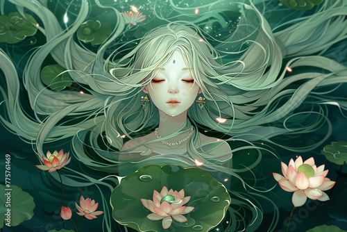 A girl with long, flowing hair and closed eyes is surrounded by water lilies in the center of an emerald lake, dressed in a green lotus leaf adorned with delicate gems, with an anime aesthetic