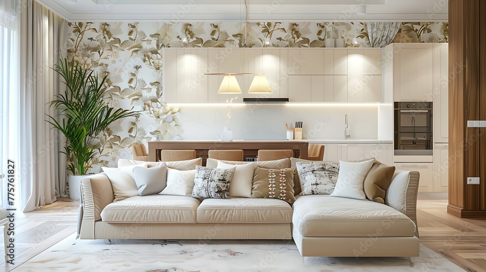 Modern trendy living room and kitchen with wallpaper in white and beige tones wooden cabinets and fabric sofa