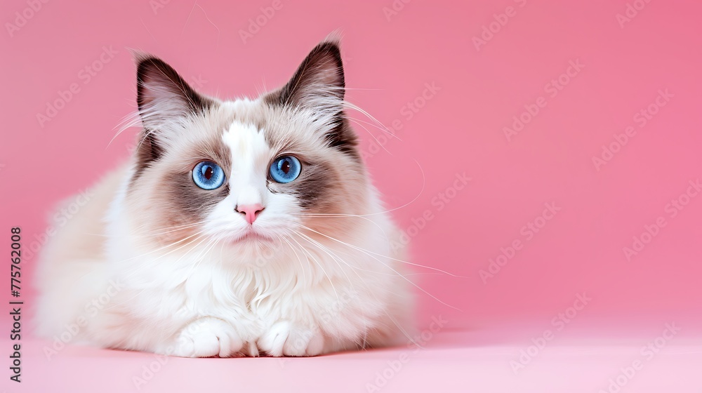 Portrait of a beautiful purebred ragdoll cat with blue eyes looking at the camera over her shouder on a pink background