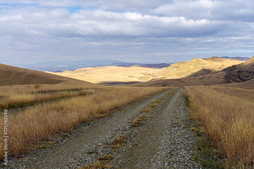 An earthen road through the savanna. Dried orange grass. Mountains and bright blue sky with clouds. Desert region in Georgia.