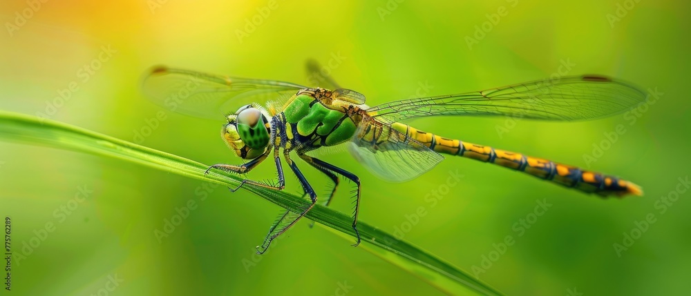 macro shot of a green dragonfly resting on a blade of grass macro shot of a green dragonfly resting on a blade of grass