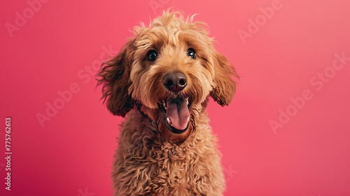 Portrait of a labradoodle looking at the camera on a pink background with mouth open photo