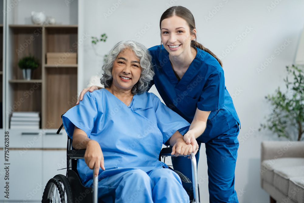 Elderly care concept. Portrait of nurse and her senior client on wheelchair. Elderly care concept. Portrait of nurse and her senior client on wheelchair.