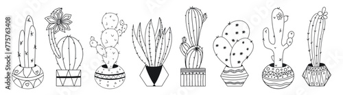 Set of cactus in pots in the doodle style, painted by hand. The coloring page. Outline of cactus with vintage pots for coloring or unique design. Black and white.
