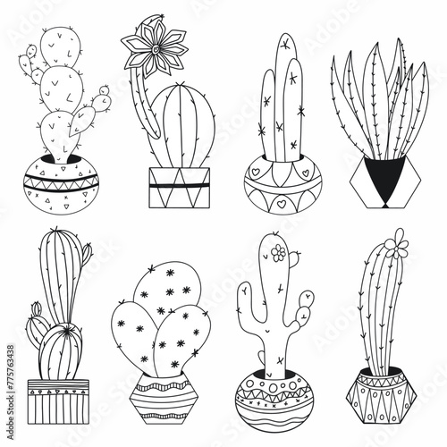 Set of cactus in pots in the doodle style, painted by hand. The coloring page. Outline of cactus with vintage pots for coloring or unique design. Black and white.