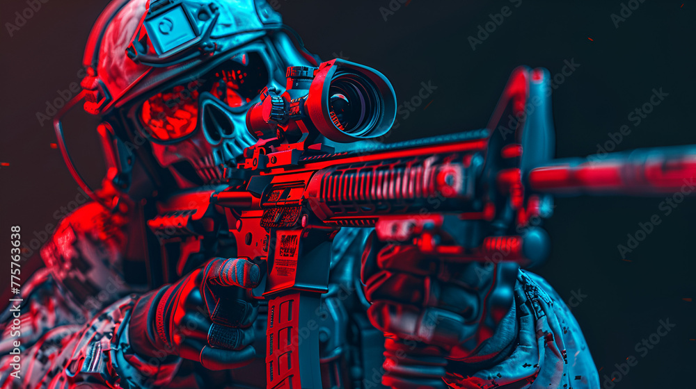 USA, America, Navy Seal Skull face shooting a M27 Infantry Automatic Rifle colorful style background, Soldier Day, National Day, Generative Ai