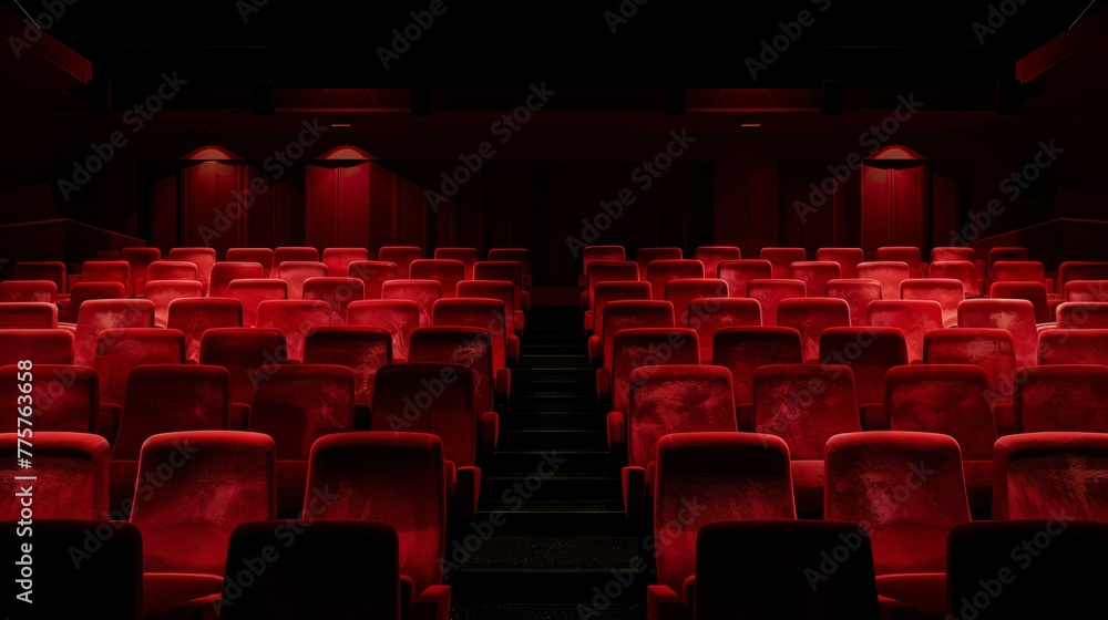 Red soft chairs in the stands of an empty cinema, isolated on a black background with a clipping path Red soft chairs in the stands of an empty cinema, isolated on a black background with a clipping path