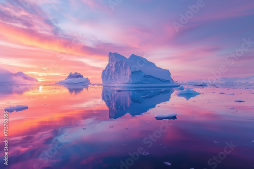 Scenic view of Icelandic icebergs floating in Arctic waters at sunrise or sunset. Northern Europe, Iceland.