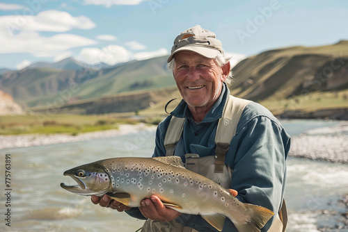 Joyful Elderly Fisherman Holding Fresh fish Catch by River.