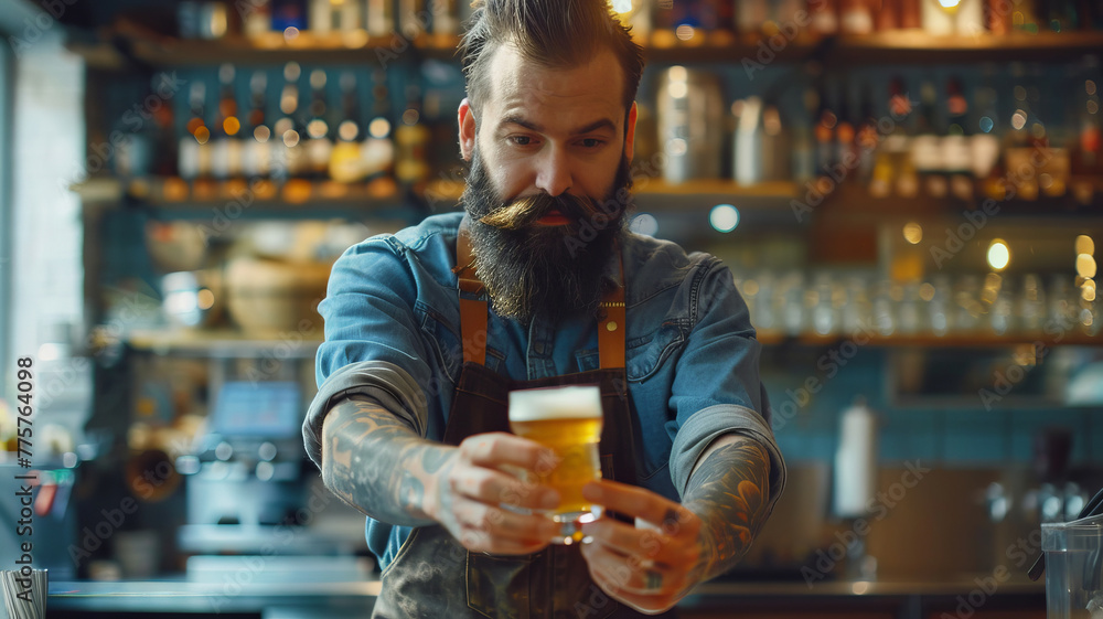 Hipster Craft Beer Brewer Offering a Fresh Pint at the Brewery