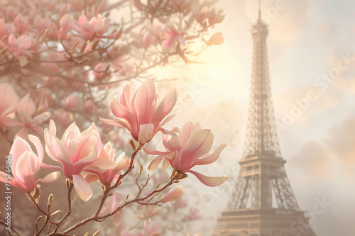 Pink magnolia flowers in full bloom with Eiffel tower in the background. Early spring in Paris  France.