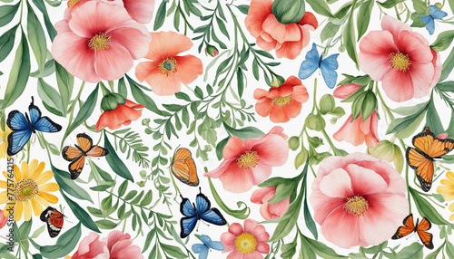 Watercolor wild flowers with butterflies illustration bright colors illustration © Fukurou
