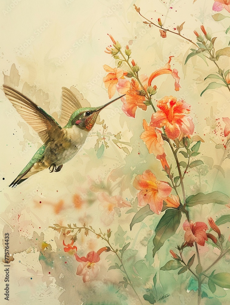 Pastel, detailed watercolor of a hummingbird hovering over a flower, 6K, ethereal and finely crafted