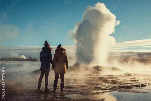Couple of tourists admiring majestic Icelandic geyser eruption. Wonderful nature of Iceland.
