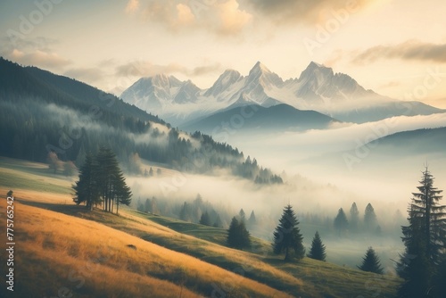 A foggy mountain landscape with a few trees © liliyabatyrova