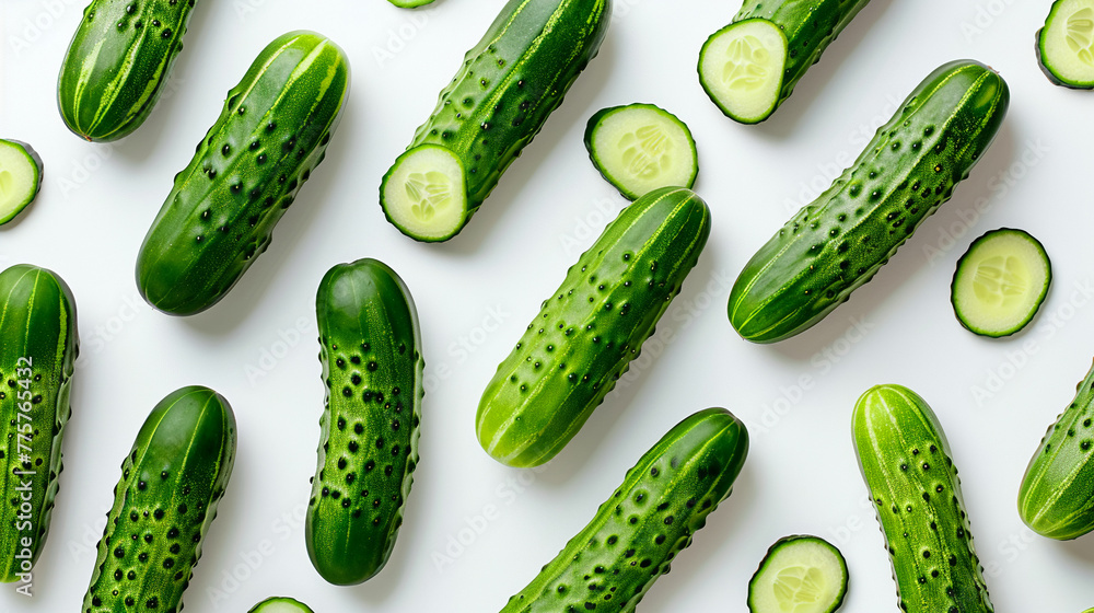 Artistic cucumber pattern, neatly arranged, isolated on white background, top view, flat lay style, Artistic cucumber pattern, neatly arranged, isolated on white background, top view, flat lay style,