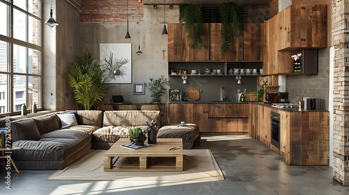 Wooden living room and kitchen interior with a concrete floor loft windows a coffee table and a poster
