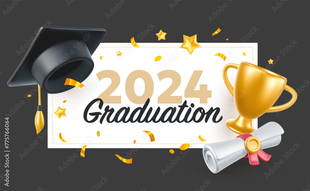 Vector illustration of graduate cap and diploma on black background. 3d ...