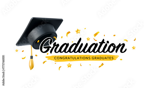 Vector illustration of black graduation hat and word graduation on white background. 3d style design of congratulation graduates 2024 class with graduate cap and congratulations word