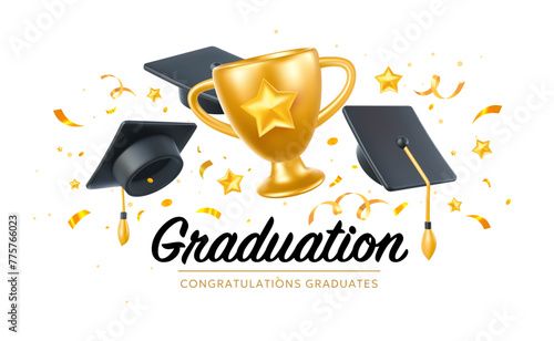 Vector illustration of graduate cap and winner cup on white background. 3d style design of congratulation graduates 2024 class with graduation hat and champion cup. Congratulations word