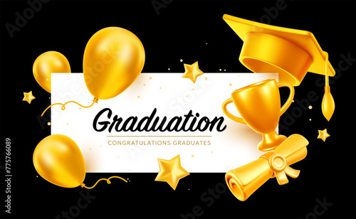 Vector illustration of golden graduate cap and diploma on black background. 3d style design of congratulation graduates 2024 class with graduation hat and winner cup. Graduation word with air balloon