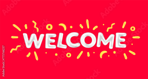 Vector greeting illustration of cartoon white color word welcome with confetti. 3d style design of shine letter welcome on red color background
