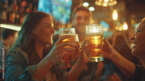 Cheerful young people in a bar  clinking beer glasses  enjoying a friendly gathering 