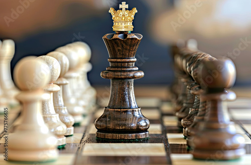 A chess piece in the shape of an king with crown on top, standing between two other pieces The background is dark and simple
