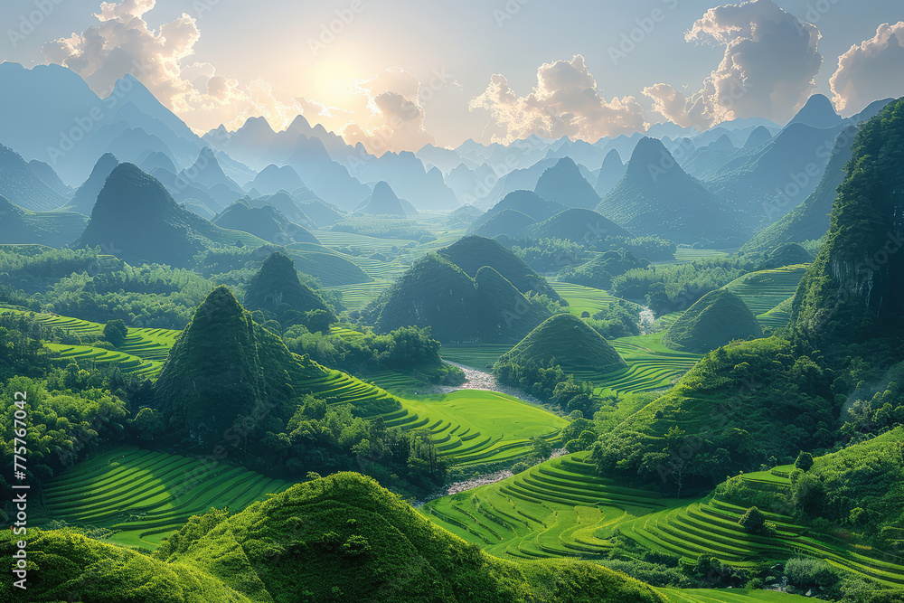 A panoramic view of the Dabie Mountains in China, with mist rising from them and rivers flowing through lush greenery. Created with Ai