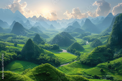 A panoramic view of the Dabie Mountains in China, with mist rising from them and rivers flowing through lush greenery. Created with Ai